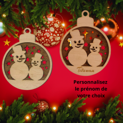 Boule de Noël en bois 11 cm personnalisable – Bonhomme de neige, renne ou duo de rennes | 3DConcept